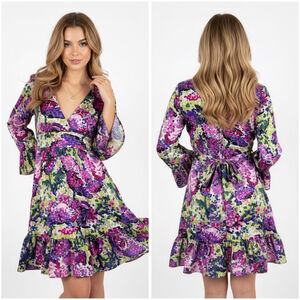 BETSEY JOHNSON Bright Floral Print Ruffle Mini Dress Bell Sleeves Tie Back Sz 4